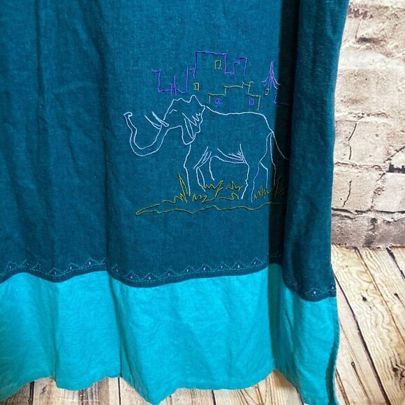 Vintage Studio Ease Midi Dress Womens 14 Linen Teal Turquoise Safari Elephant - Picture 11 of 13